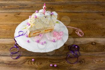 Meringue birthday cake on cake stand, place for text. Meringue cake. Pavlova. Birthday card. Birthday Cake