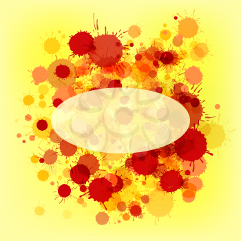 Bright red and orange vector artistic watercolor paint drops on yellow background. Greeting card or invitation template with semi-transparent ellipse frame for text