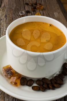 Cup of espresso coffee, close up. Coffee cup. Strong coffee. Morning coffee. Cup of coffee. Coffee break. Coffee mug.