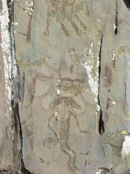 Mythical humanoid creature petroglyph carved in rocks. Stones with petroglyphs in Siberian Altai Mountains, Russia                            
