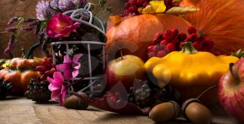 Thanksgiving arrangement with yellow and orange squash, cones, apples, acorn, white birdcage, pink flowers