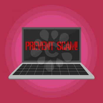 Text sign showing Prevent Scam. Business photo text Consumer protection fraudulent transactions Laptop with Grid Design Keyboard and Blank Black Screen on Pastel Backdrop