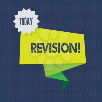 Conceptual hand writing showing Revision. Concept meaning Rechecking Before Proceeding Self Improvement Preparation Two Tone Green Folded Back Banner Strip with Stamp Sticker
