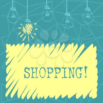 Handwriting text Shopping. Conceptual photo Shopper customer purchase goods products store experience Set of Transparent Bulbs Hanging with Filament and One is in Lighted Icon
