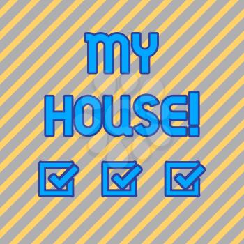 Text sign showing My House. Business photo text place you can feel comfortable cooking living and sleeping in Seamless Diagonal Pattern of Pale Gold and Silver Stripes for Formal Theme
