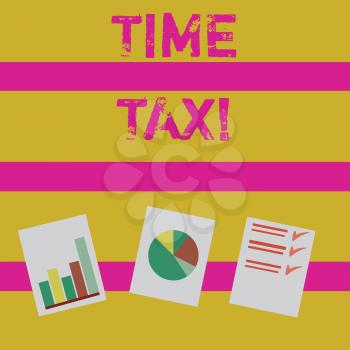 Word writing text Time Tax. Business photo showcasing when individual taxpayers prepare their financial statements Presentation of Bar, Data and Pie Chart Diagram Graph Each on White Paper