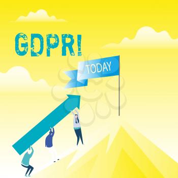 Handwriting text Gdpr. Conceptual photo General Data Protection Regulation privacy eu laws compliance People Holding Arrow Going Up the Mountain. Blank Banner on Pole at the Peak