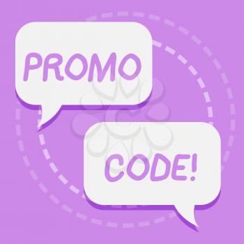 Handwriting text writing Promo Code. Conceptual photo consisting letters numbers consumers can enter obtain discount Two Blank White Speech Balloon Engaging in Conversation on Pastel Backdrop