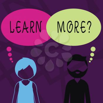 Text sign showing Learn More question. Business photo showcasing gain knowledge or skill by studying or practicing Bearded Man and Woman Faceless Profile with Blank Colorful Thought Bubble