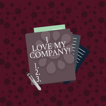 Conceptual hand writing showing I Love My Company. Concept meaning tell why admire their job and workplace Lined Paper Stationery Partly into View from Pastel Folder