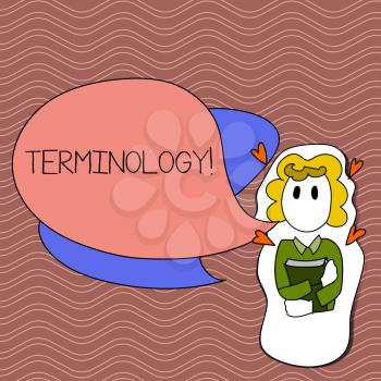 Word writing text Terminology. Business photo showcasing Collection of terms used by different profession study industry Girl Holding Book with Small Hearts Around her and Two Color Speech Bubble