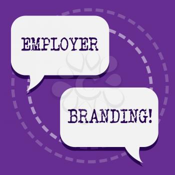 Word writing text Employer Branding. Business photo showcasing promoting company employer choice to desired target group Two Blank White Speech Balloon Engaging in Conversation on Pastel Backdrop