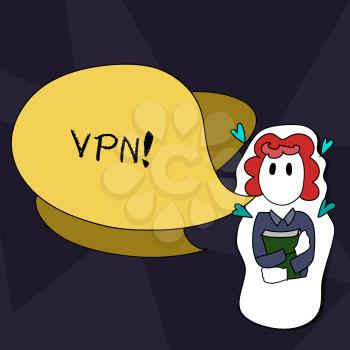 Handwriting text writing Vpn. Conceptual photo Secured virtual private network across confidential domain protected Girl Holding Book with Small Hearts Around her and Two Color Speech Bubble