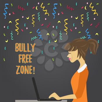 Conceptual hand writing showing Bully Free Zone. Concept meaning creating abuse free school college life Strip Size Lined Paper Sheet Hanging Using Blue Clothespin
