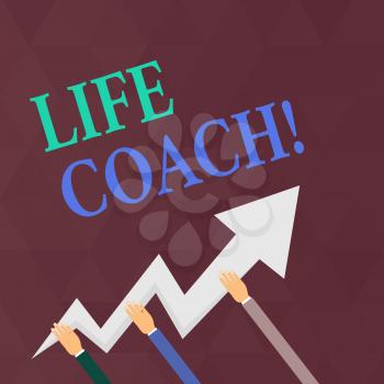 Writing note showing Life Coach. Business concept for demonstrating employed to help showing attain their goals career Hands Holding Zigzag Lightning Arrow Pointing and Going Up