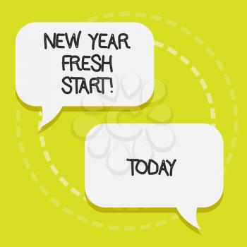 Conceptual hand writing showing New Year Fresh Start. Concept meaning Time to follow resolutions reach out dream job Blank White Speech Balloons Conversation on Pastel Backdrop