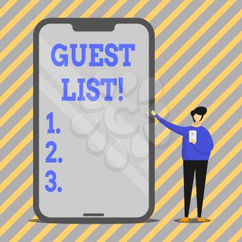 Writing note showing Guest List. Business concept for showing who are to be admitted to concert or similar event Man Presenting Huge Smartphone while Holding Another Mobile