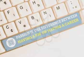 Word writing text Passion is the Difference Bet. Business photo showcasing Passion Is The Difference Between Having A Job Or Having A Career White pc keyboard with empty note paper above white background key copy space