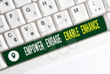 Text sign showing Empower Engage Enable Enhance. Business photo text Empowerment Leadership Motivation Engagement White pc keyboard with empty note paper above white background key copy space