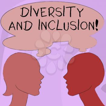 Text sign showing Diversity And Inclusion. Business photo showcasing range huanalysis difference includes race ethnicity gender Silhouette Sideview Profile Image of Man and Woman with Shared Thought Bubble