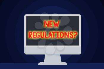 Text sign showing New Regulations Question. Business photo text rules made government order control way something is done Blank Space Desktop Computer Colorful Monitor Screen Freestanding on Table