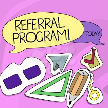 Word writing text Referral Program. Business photo showcasing internal recruitment method employed by organizations Two Blank Colorful Speech Balloon and Different Labels Sticker Style Icons