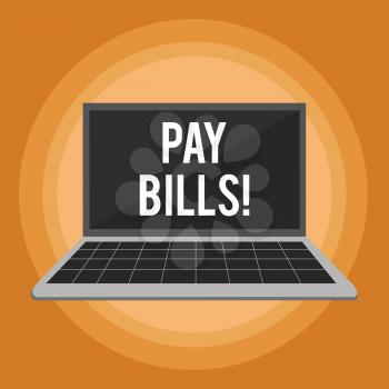 Writing note showing Pay Bills. Business concept for list of expenses to be paid total amount costs or expenses Laptop with Grid Design Keyboard Screen on Pastel Backdrop