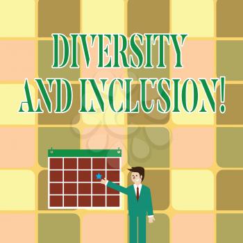 Text sign showing Diversity And Inclusion. Business photo showcasing range huanalysis difference includes race ethnicity gender Businessman Smiling and Pointing to Colorful Calendar with Star Hang on Wall