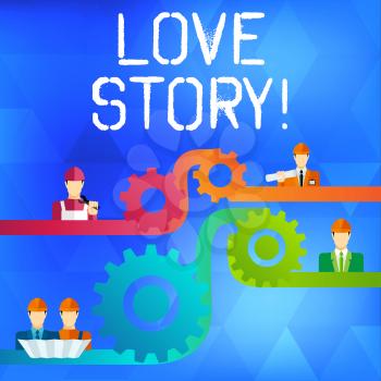 Text sign showing Love Story. Business photo text novel about relationship between two demonstratings analysis Cog Gear Setting Icon Connecting Men from Different Professional Character