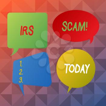Word writing text Irs Scam. Business photo showcasing involve scammers targeting taxpayers pretending be Internal Service Blank Speech Bubble Sticker in Different Shapes and Color for Multiple Chat
