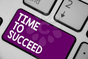 Conceptual hand writing showing Time To Succeed. Business photo showcasing Thriumph opportunity Success Achievement Achieve your goals Keyboard purple key computer computing reflection document