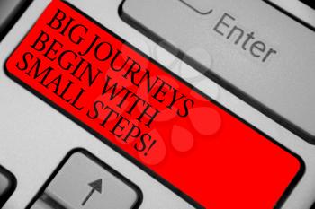 Text sign showing Big Journeys Begin With Small Steps. Conceptual photo One step at a time to reach your goals Keyboard red key Intention create computer computing reflection document