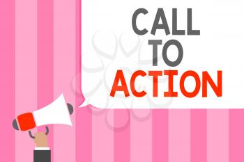 Conceptual hand writing showing Call To Action. Business photo showcasing Encourage Decision Move to advance Successful strategy Man holding megaphone loudspeaker speech bubble message loud