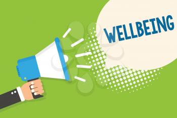 Text sign showing Wellbeing. Conceptual photo A good or satisfactory condition of existence including health Man holding megaphone loudspeaker speech bubble green background halftone