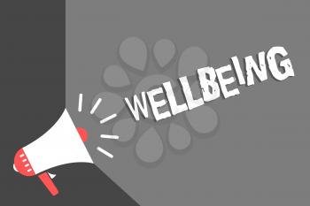 Text sign showing Wellbeing. Conceptual photo A good or satisfactory condition of existence including health Megaphone loudspeaker gray background important message speaking loud