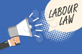 Conceptual hand writing showing Labour Law. Business photo text Rules implemented by the state between employers and employee Man holding megaphone loudspeaker speech bubble blue background