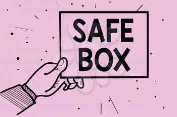 Word writing text Safe Box. Business concept for A small structure where you can keep important or valuable things Man hand holding paper communicating information dotted purple background