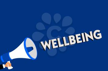 Writing note showing Wellbeing. Business photo showcasing A good or satisfactory condition of existence including health Man holding megaphone loudspeaker blue background message speaking