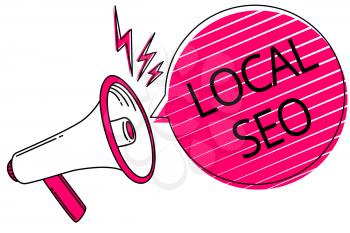 Text sign showing Local Seo. Conceptual photo This is an effective way of marketing your business online Megaphone loudspeaker pink speech bubble stripes important loud message