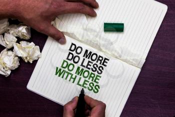 Text sign showing Do More Do Less Do More With Less. Conceptual photo dont work hard work smart be unique Man holding marker notebook page crumpled papers several tries mistakes