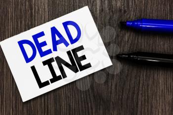 Text sign showing Dead Line. Conceptual photo Period of time by which something must be finished or accomplished Important idea ideas notebook marker markers wooden background reminder