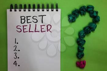 Text sign showing Best Seller. Conceptual photo book or other product that sells in very large numbers Open notebook crumpled papers forming question mark green background