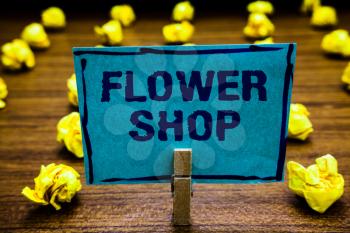 Word writing text Flower Shop. Business concept for where cut flowers are sold with decorations for gifts Clothespin holding blue paper note crumpled papers several tries mistakes