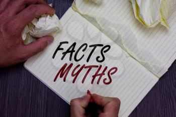 Word writing text Facts Myths. Business concept for work based on imagination rather than on real life difference Man holding marker notebook crumpled papers ripped pages mistakes made