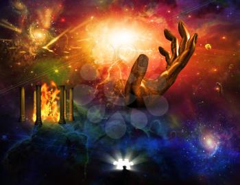 Puzzle of time, hand of God and Temple of fire in vivid universe