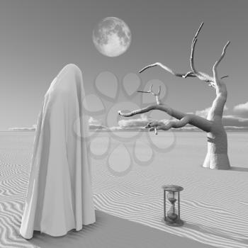 Surreal painting. Figure in white hijab stands at the desert.