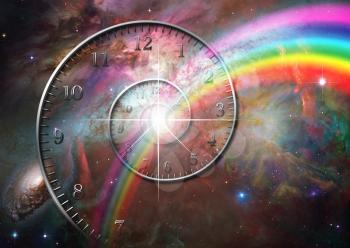 Time spiral in space with rainbow
