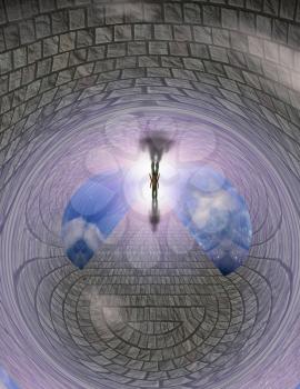 Man walks on a stone road to bright light. 3D rendering