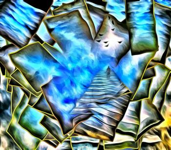 Surreal painting. Figure of man goes on stairway to the light. Overlapping multi layered spaces.