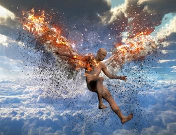Surrealism. Naked man with burning wings falls down from cloudy sky. 3D rendering.